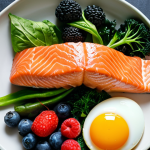 **

A vibrant and personalized plate filled with salmon, dark leafy green vegetables, berries, and egg yolk, representing a nutrigenomics-based meal designed for optimal health and genetic needs. The background should be a DNA strand subtly woven into the design.

**