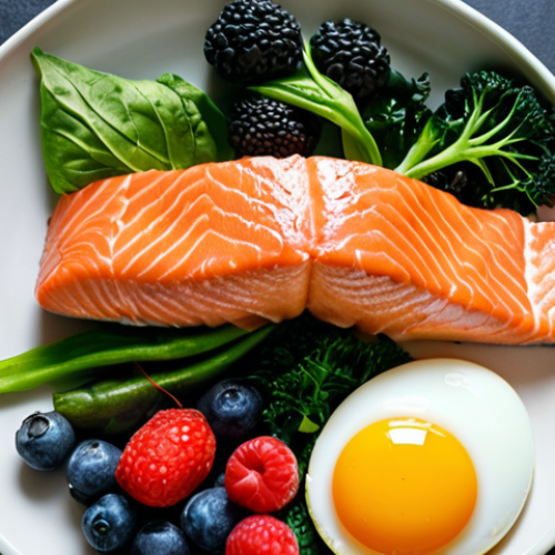 Home 14 **
A vibrant and personalized plate filled with salmon, dark leafy green vegetables, berries, and egg yolk, representing a nutrigenomics-based meal designed for optimal health and genetic needs. The background should be a DNA strand subtly woven into the design.
**