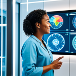 A professional, ethnically diverse individual, fully clothed in a modest business casual outfit, stands in a brightly lit, futuristic medical consultation room. They are looking at a holographic display showing a complex, abstract visualization of personalized genetic data and health insights. The atmosphere is clean, professional, and optimistic, emphasizing data-driven precision medicine. Perfect anatomy, correct proportions, natural pose, well-formed hands, proper finger count, natural body proportions. High-quality professional photography, detailed, bright, safe for work, appropriate content, family-friendly, professional dress.