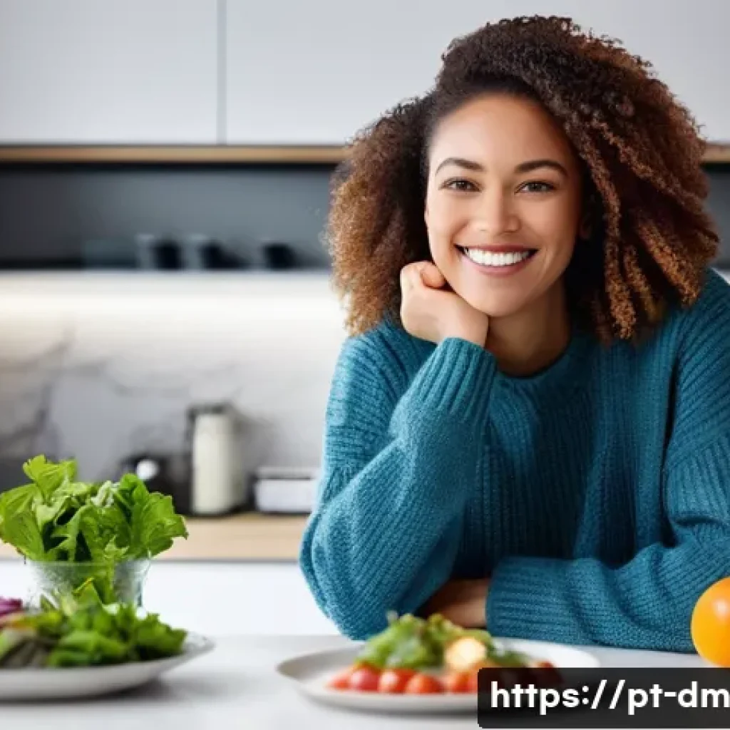 유전자 맞춤 건강 관리의 비즈니스 모델 분석 - **Prompt:** A young woman in her late 20s with a warm, friendly smile sits at a modern kitchen table...