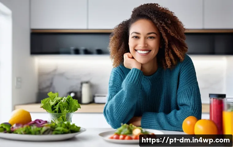 유전자 맞춤 건강 관리의 비즈니스 모델 분석 - **Prompt:** A young woman in her late 20s with a warm, friendly smile sits at a modern kitchen table...