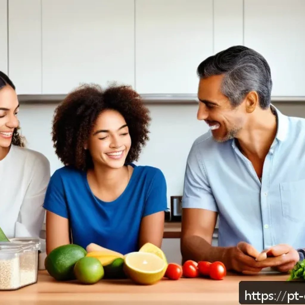 유전자 맞춤형 건강 트래킹 도구 소개 - A modern, bright kitchen scene featuring a diverse Brazilian family preparing personalized meals bas...