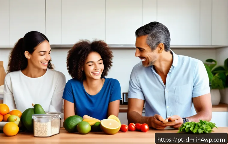 유전자 맞춤형 건강 트래킹 도구 소개 - A modern, bright kitchen scene featuring a diverse Brazilian family preparing personalized meals bas...