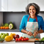 유전자 맞춤형 라이프스타일 변화 방법 - A modern, bright kitchen scene featuring a diverse middle-aged Brazilian woman preparing a genetical...