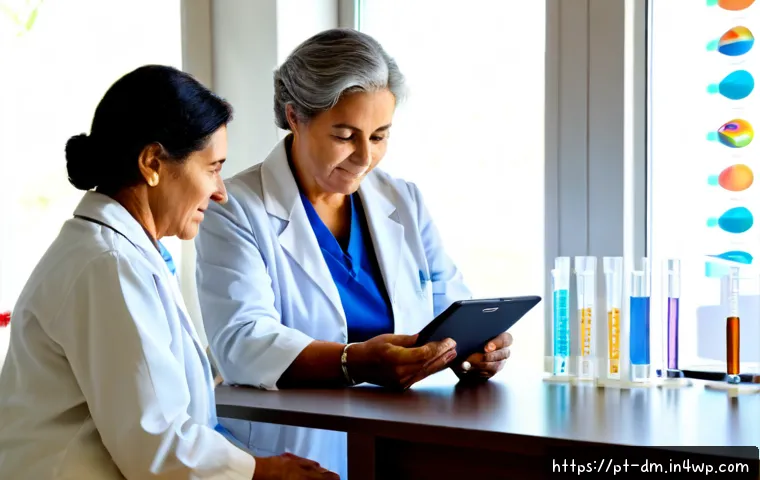 유전자 맞춤형 건강 관리의 역사와 발전 - Photorealistic modern healthcare history scene in a bright Portuguese clinical research center, an o...