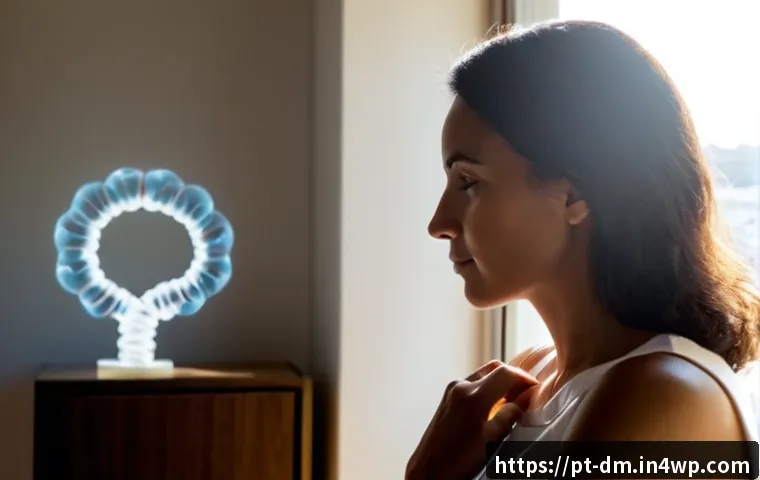 Home 17 유전자와 감정 조절의 관계 분석 - Photorealistic close-up of a thoughtful Portuguese woman in her forties sitting by a sunlit apartmen...